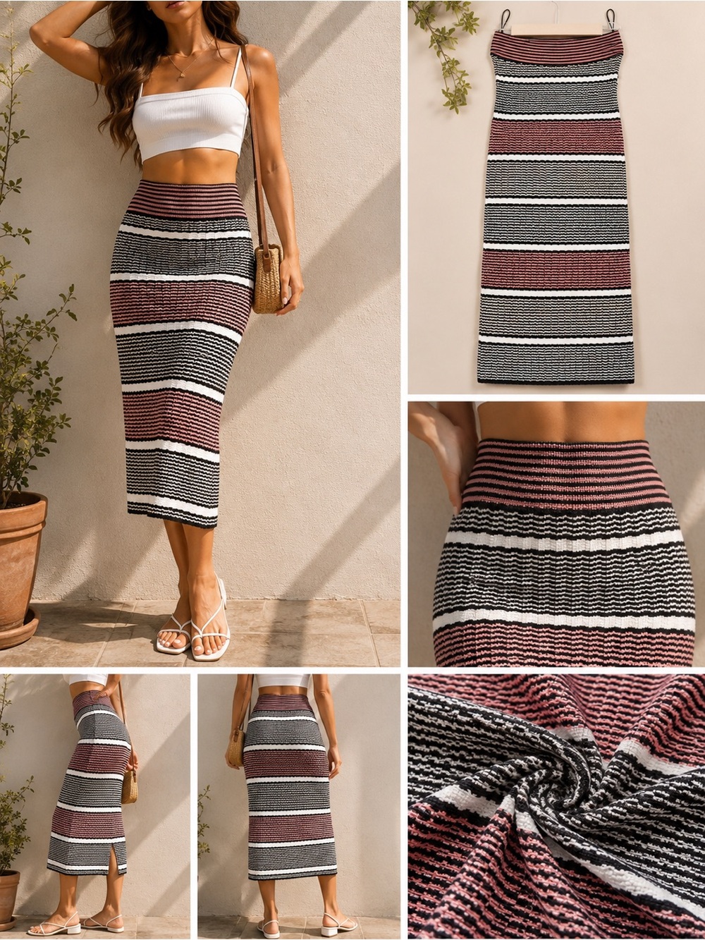 A Pea in the Pod Striped Knit MIDI Skirt Maternity Small - Black, White, Pink
